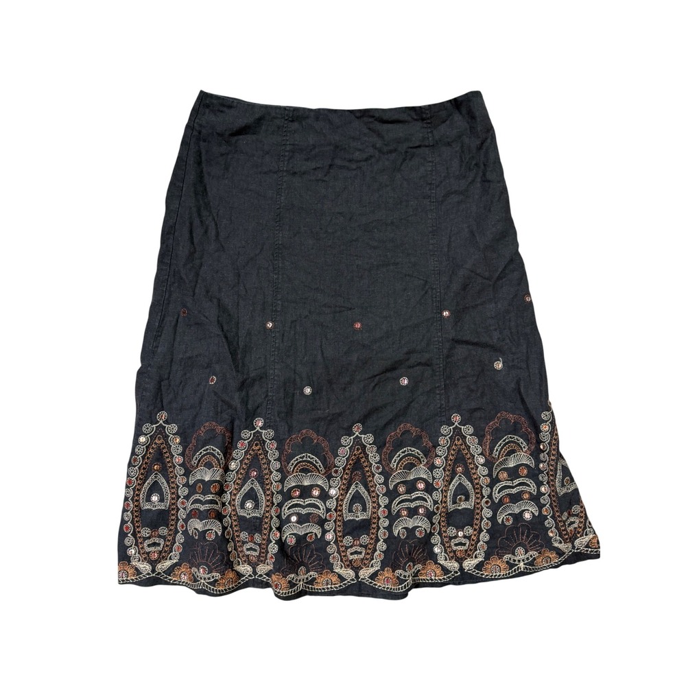 Y2K Requirements‎ Black Linen Embroidered Midi Skirt Boho Festival Cottagecore